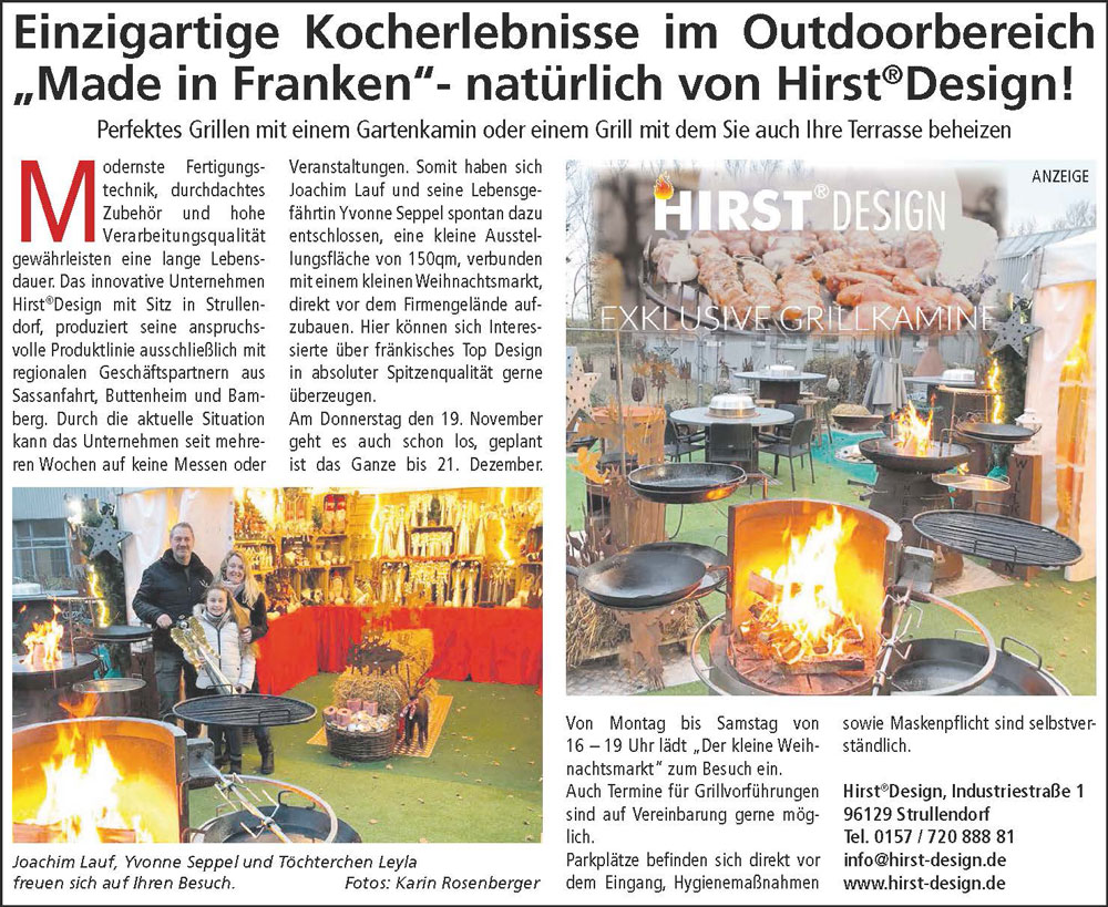 Grill-Kocherlebnisse und Weihnachts­markt bei Hirst Design